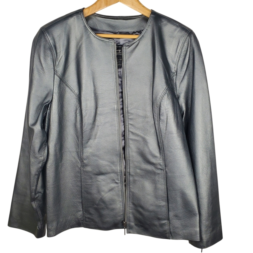 Terry Lewis Metallic Gunmetal Grey Leather Moto Style Jacket - MED